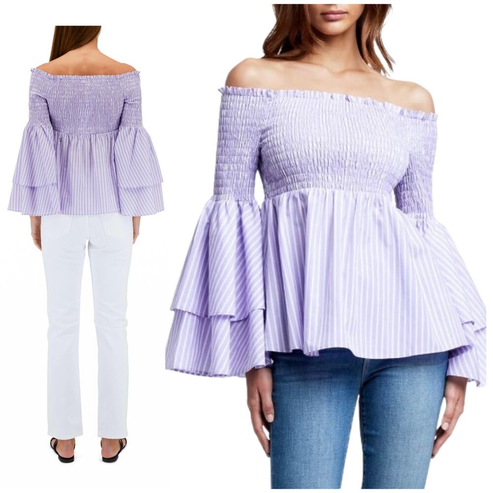 L'AGENCE Denver Purple White Stripe Off-The-Shoulder Top | Medium